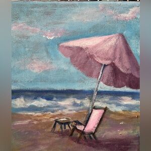 Original handpainted, beach, landscape, pink beach chair, wall art